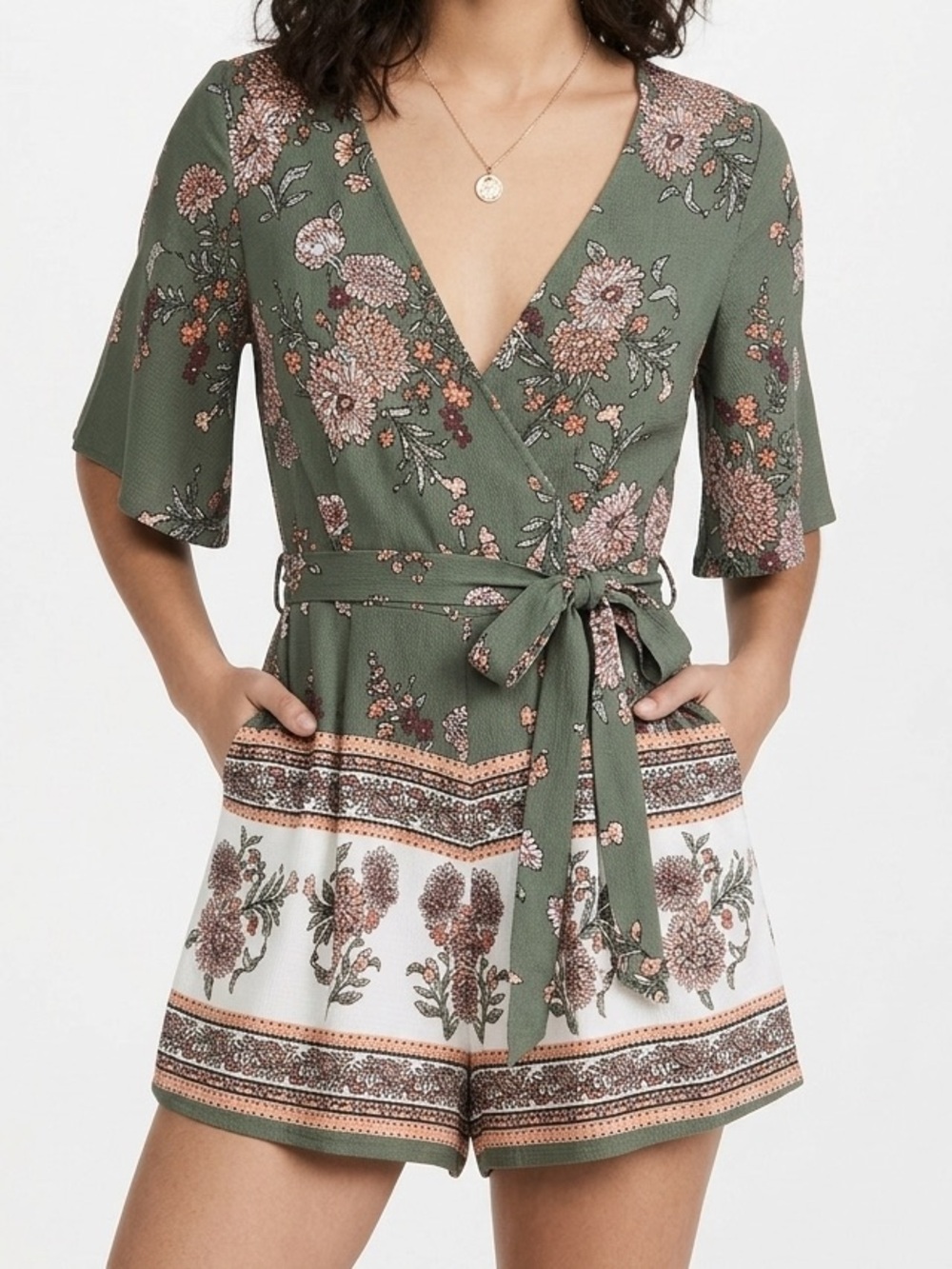 Blue Rain Olive Green Floral Wrap Romper with Cream Border